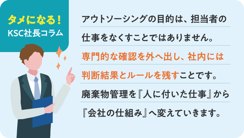 タメになる! KSC社長コラム
アウトソーシングの目的は、担当者の仕事をなくすことではありません。
専門的な確認を外へ出し、社内には判断結果とルールを残すことです。
廃棄物管理を『人に付いた仕事』から『会社の仕組み』へ変えていきます。